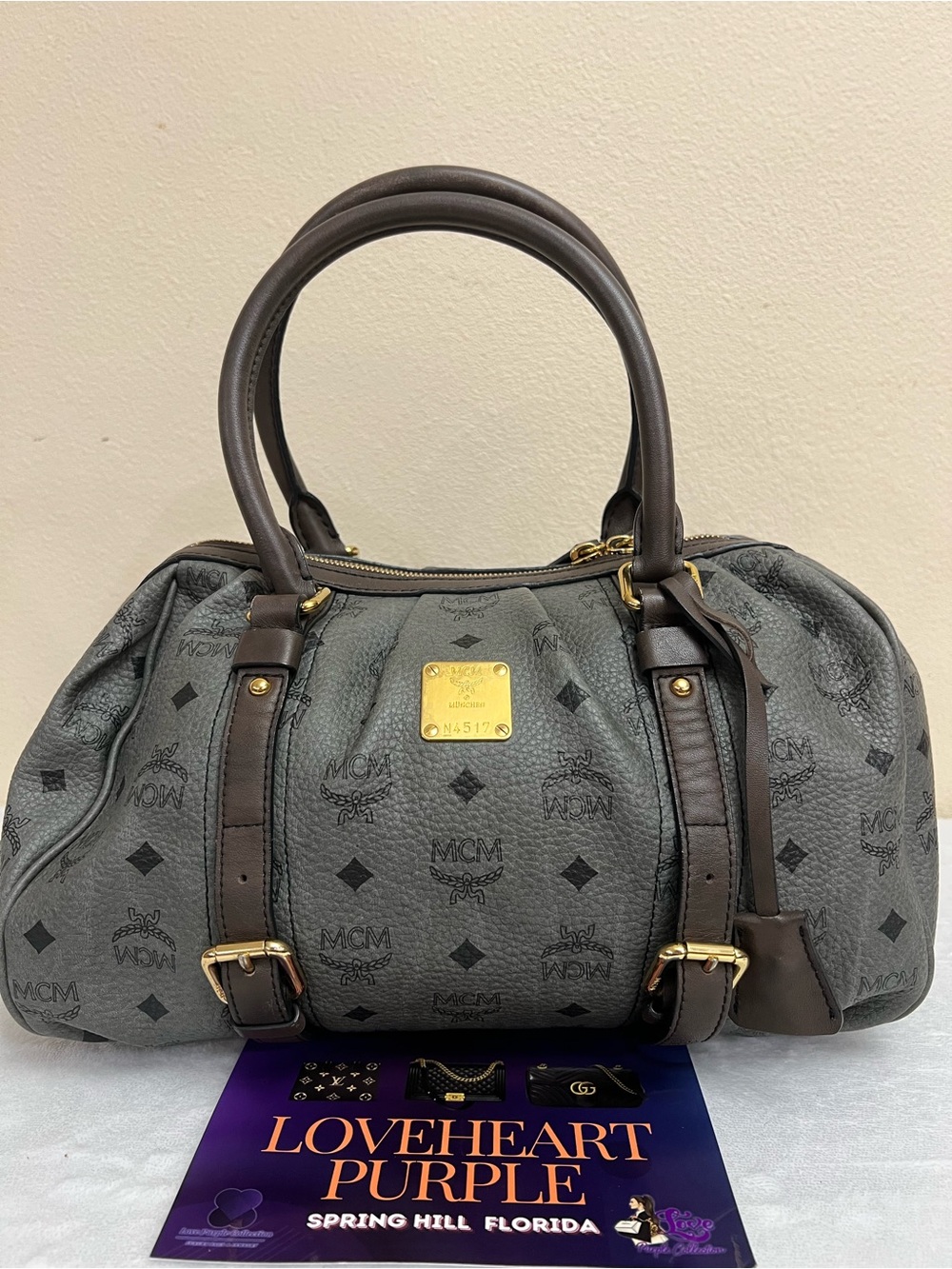 MCM Gray Monogram Satchel with Dark Brown Trim
